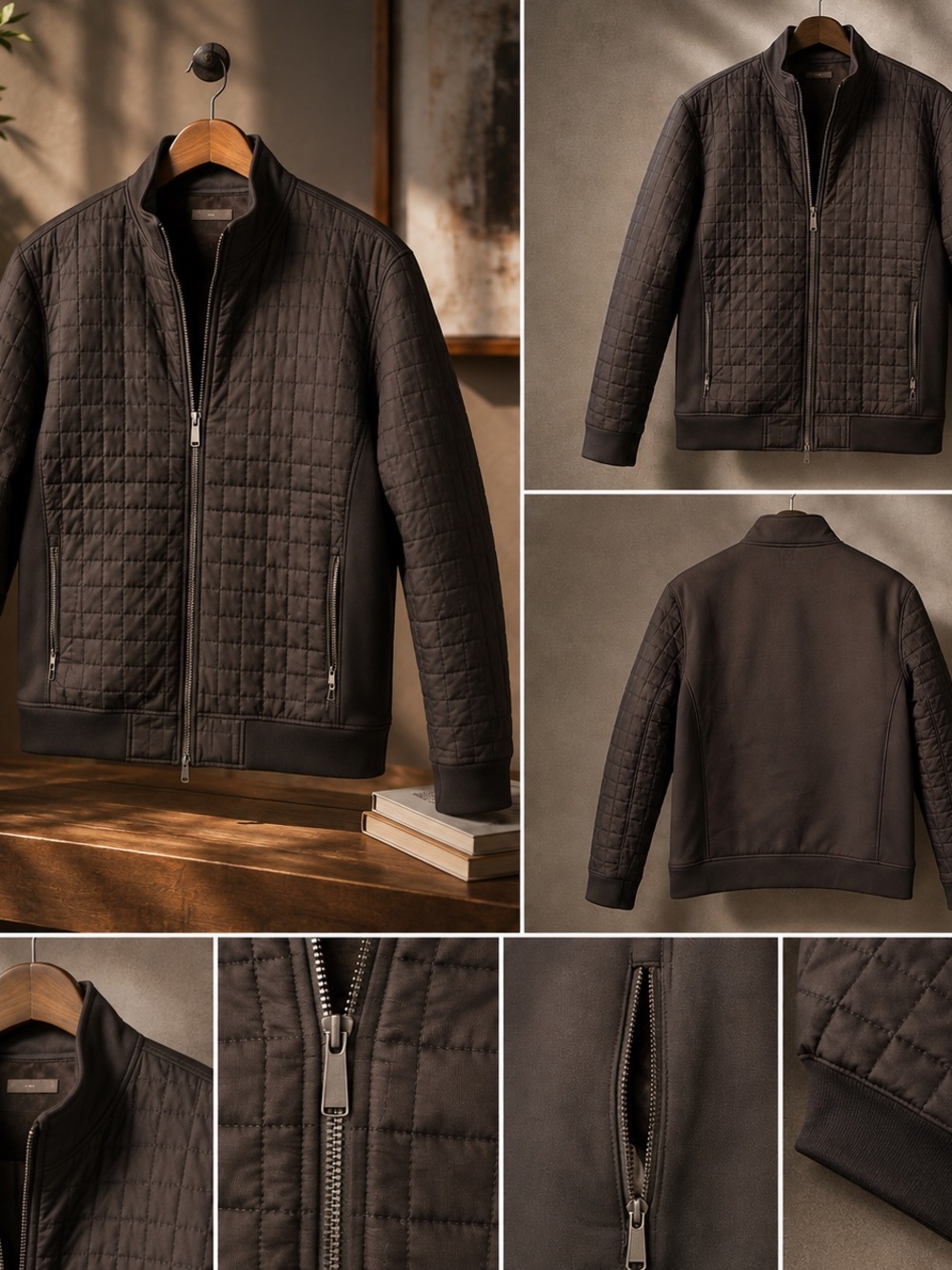 West Oak Men’s Quilted Hybrid Full Zip Jacket Dark Espresso Black